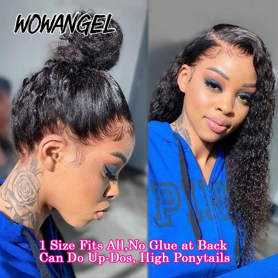 Invisible Drawstring Cap 360 HD Lace Frontal Wigs Water Wave Full Lace Wigs Glueless Human Hair Wigs High Ponytail Curly Wigs