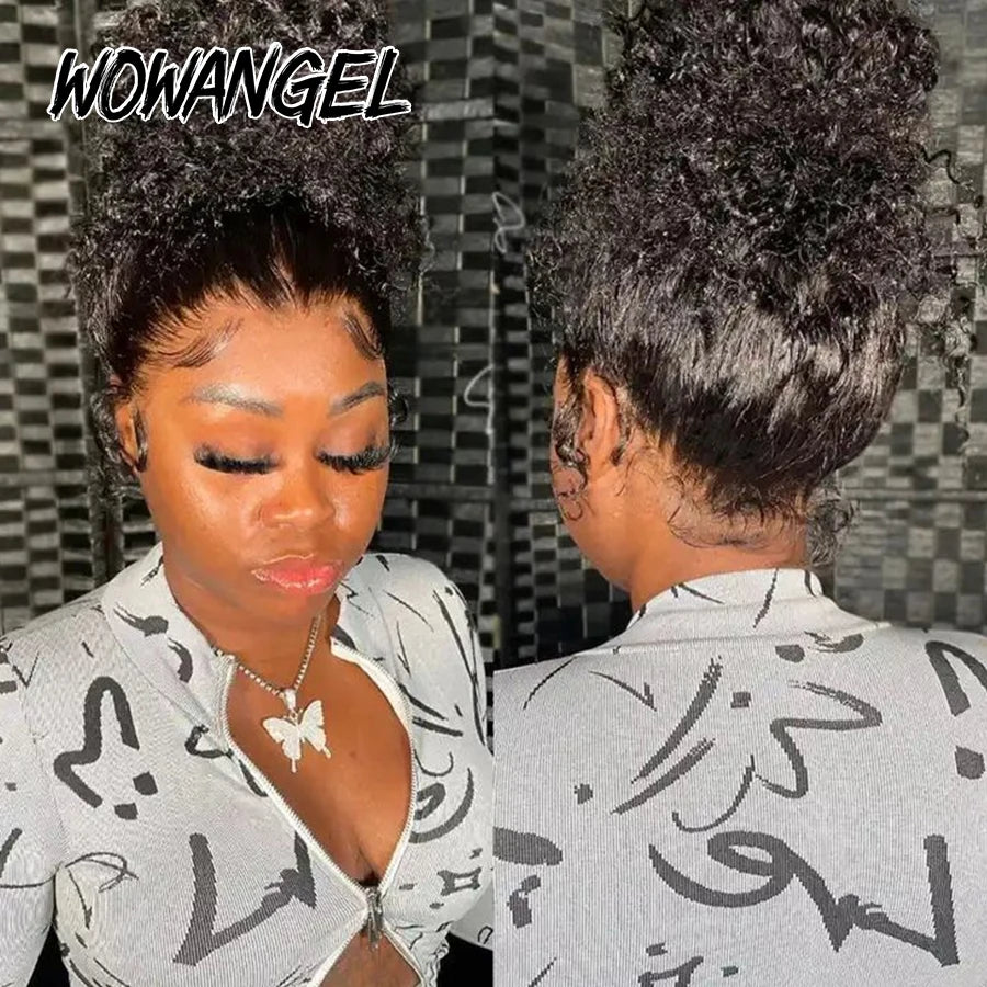 Invisible Drawstring Cap 360 HD Lace Frontal Wigs Water Wave Full Lace Wigs Glueless Human Hair Wigs High Ponytail Curly Wigs