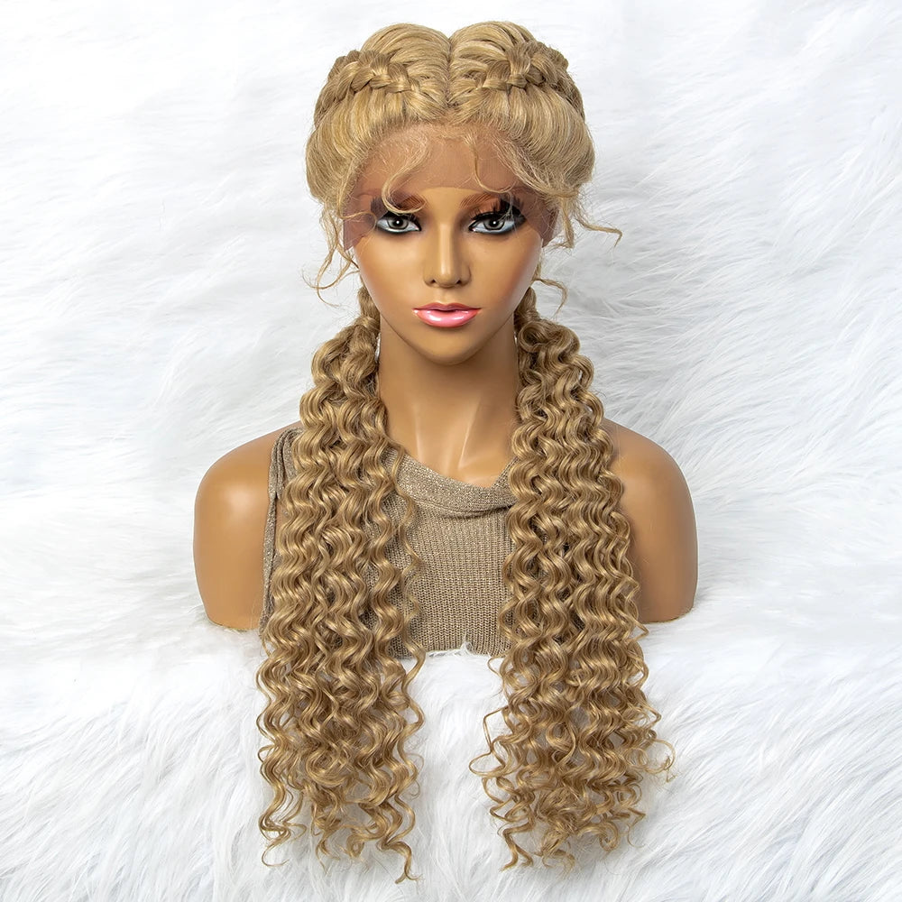 Braided Wigs Synthetic Lace Front Hair Wig Curly Water Wave Wig For African Woman Afro Frontal Cornrow Twist Boxing Braided Wigs