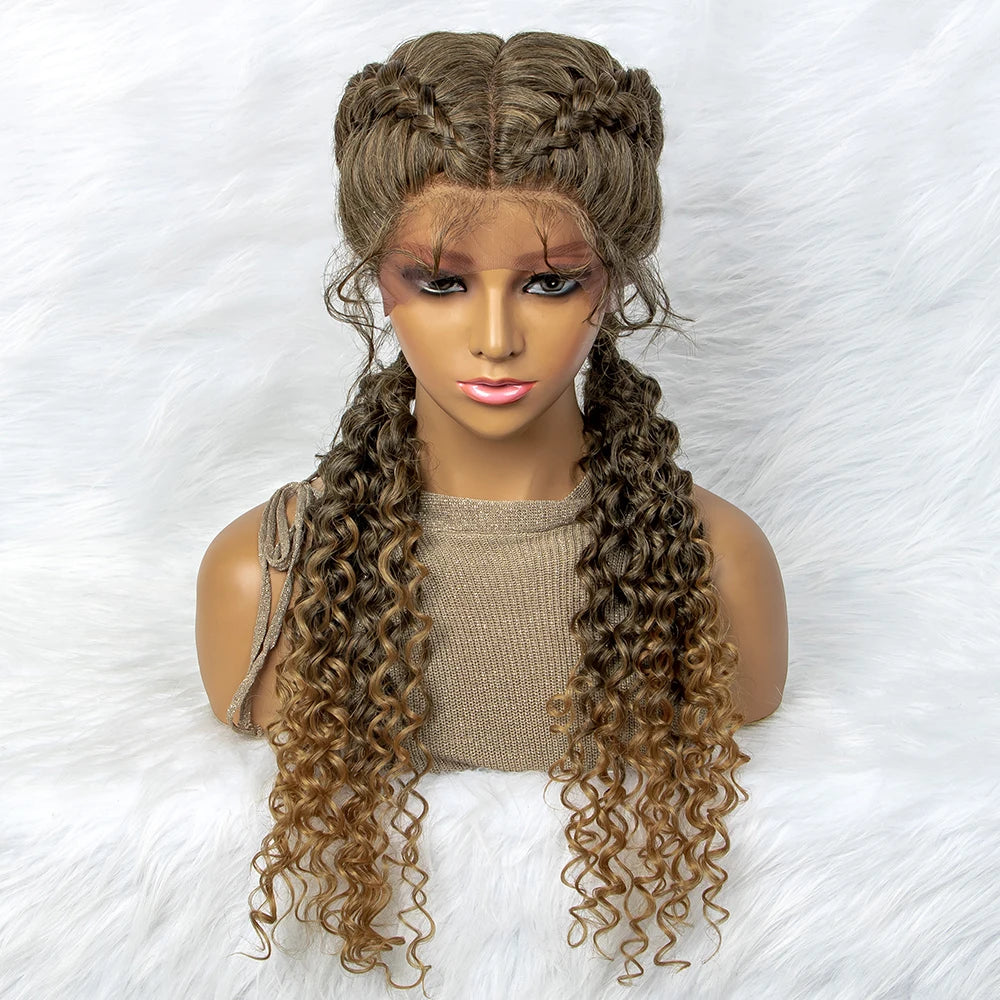Braided Wigs Synthetic Lace Front Hair Wig Curly Water Wave Wig For African Woman Afro Frontal Cornrow Twist Boxing Braided Wigs