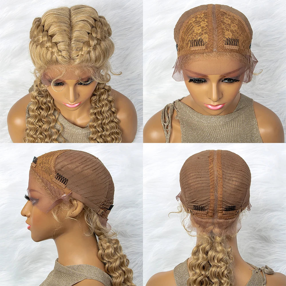 Braided Wigs Synthetic Lace Front Hair Wig Curly Water Wave Wig For African Woman Afro Frontal Cornrow Twist Boxing Braided Wigs