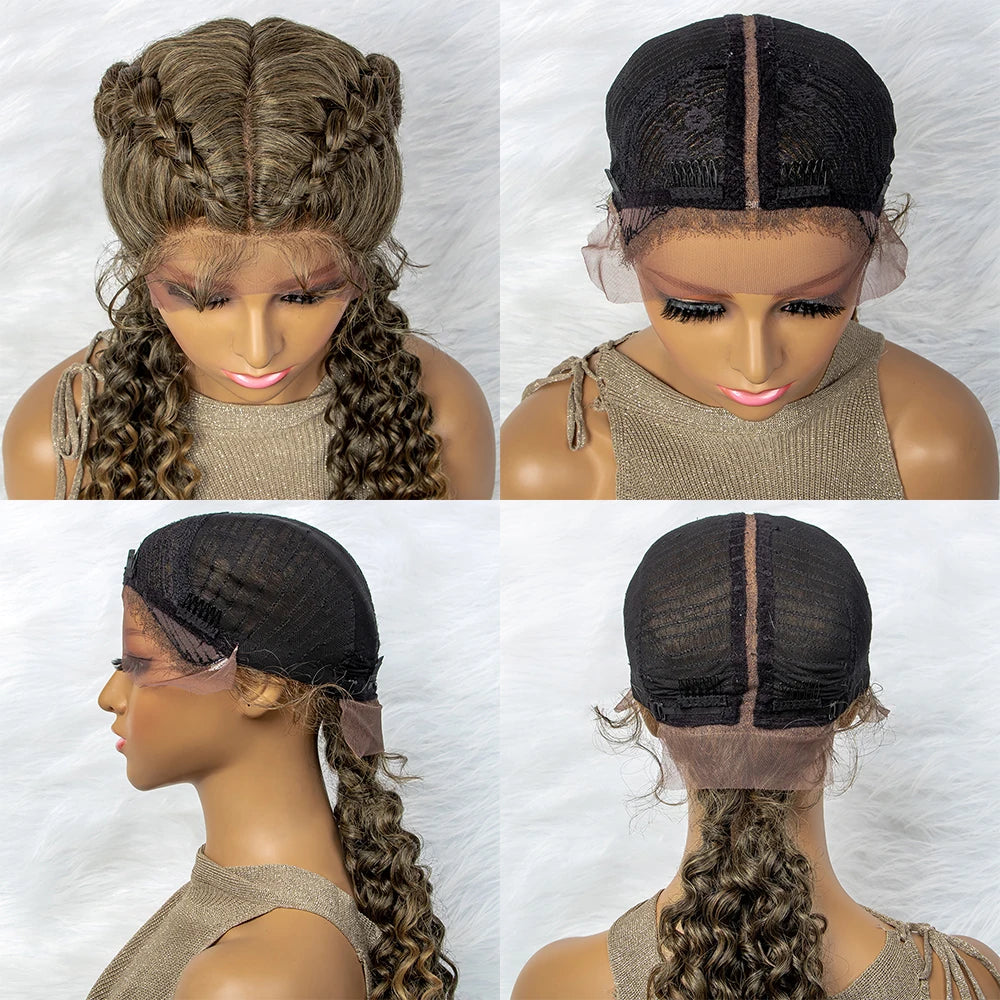 Braided Wigs Synthetic Lace Front Hair Wig Curly Water Wave Wig For African Woman Afro Frontal Cornrow Twist Boxing Braided Wigs