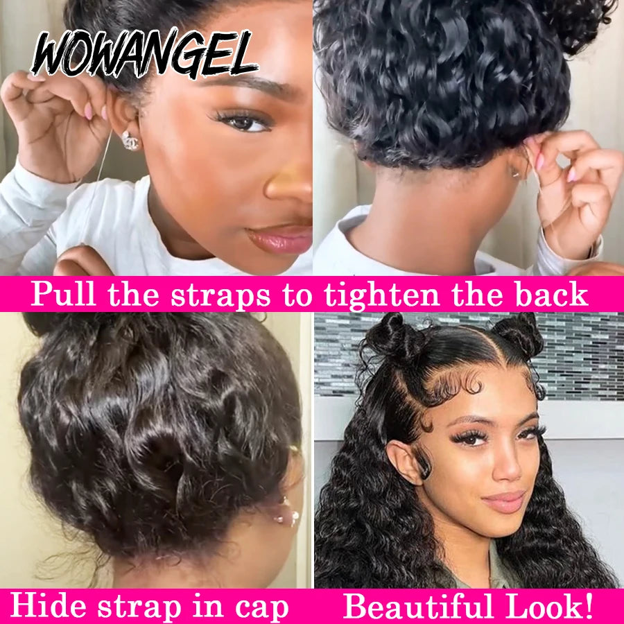 Invisible Drawstring Cap 360 HD Lace Frontal Wigs Water Wave Full Lace Wigs Glueless Human Hair Wigs High Ponytail Curly Wigs
