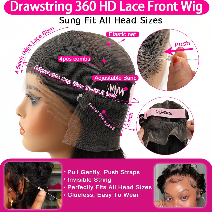 Invisible Drawstring Cap 360 HD Lace Frontal Wigs Water Wave Full Lace Wigs Glueless Human Hair Wigs High Ponytail Curly Wigs