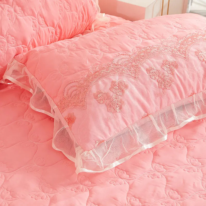 Korea Solid Brushed Bedspread Set Lace Quilted Queen King Size Ruffles Bedskirt Double Bed Cover with 2 Pillowcases