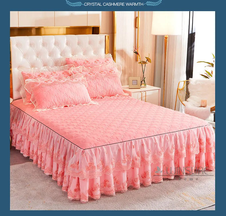 Korea Solid Brushed Bedspread Set Lace Quilted Queen King Size Ruffles Bedskirt Double Bed Cover with 2 Pillowcases