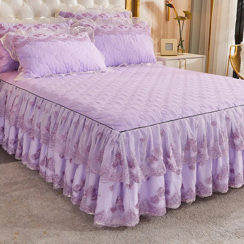 Korea Solid Brushed Bedspread Set Lace Quilted Queen King Size Ruffles Bedskirt Double Bed Cover with 2 Pillowcases