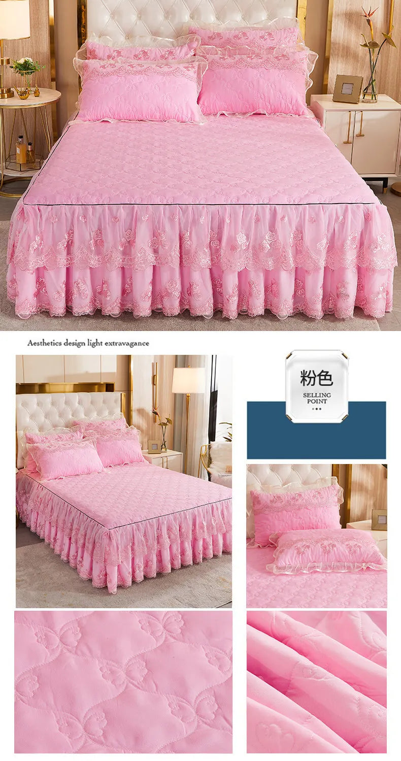 Korea Solid Brushed Bedspread Set Lace Quilted Queen King Size Ruffles Bedskirt Double Bed Cover with 2 Pillowcases