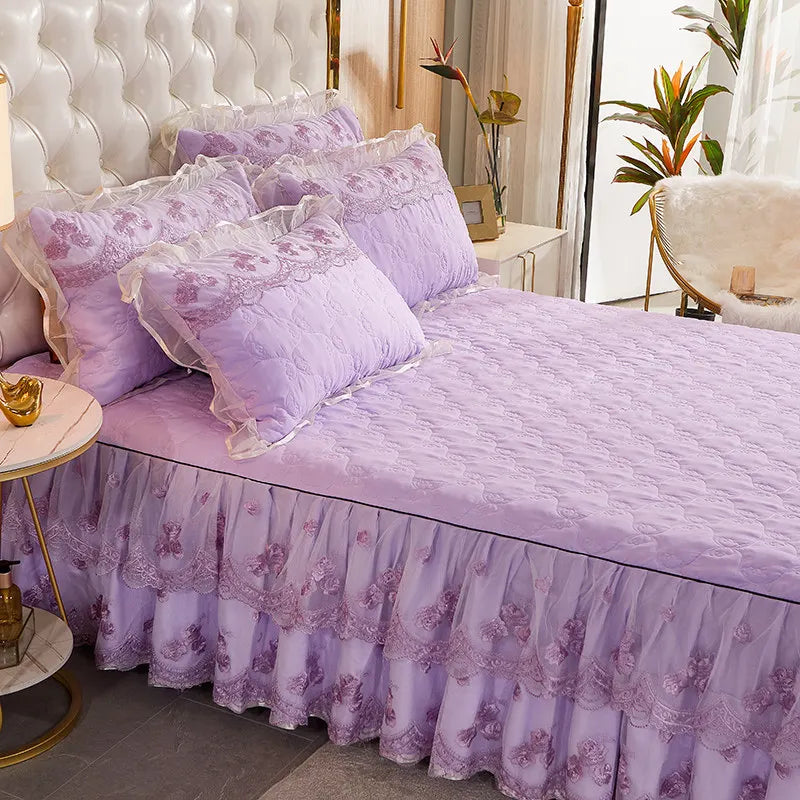 Korea Solid Brushed Bedspread Set Lace Quilted Queen King Size Ruffles Bedskirt Double Bed Cover with 2 Pillowcases
