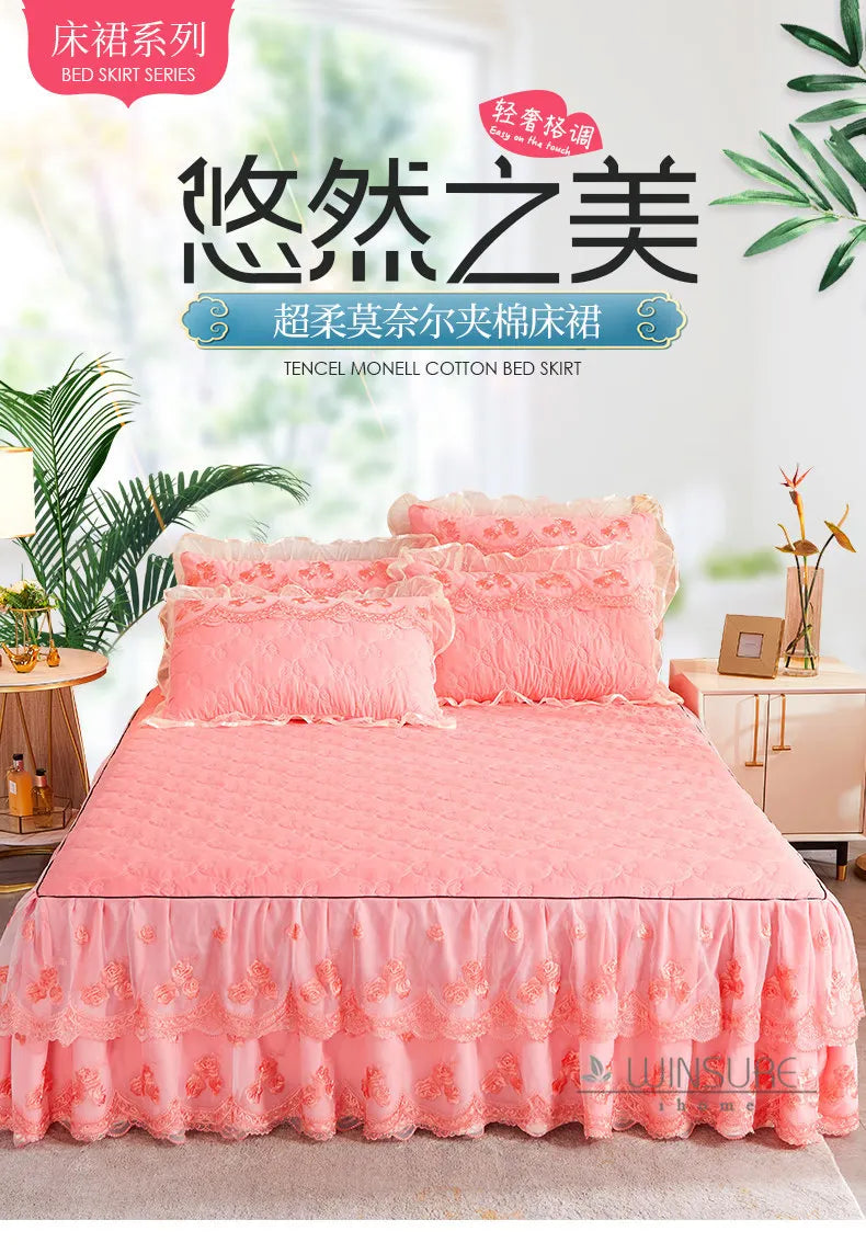 Korea Solid Brushed Bedspread Set Lace Quilted Queen King Size Ruffles Bedskirt Double Bed Cover with 2 Pillowcases
