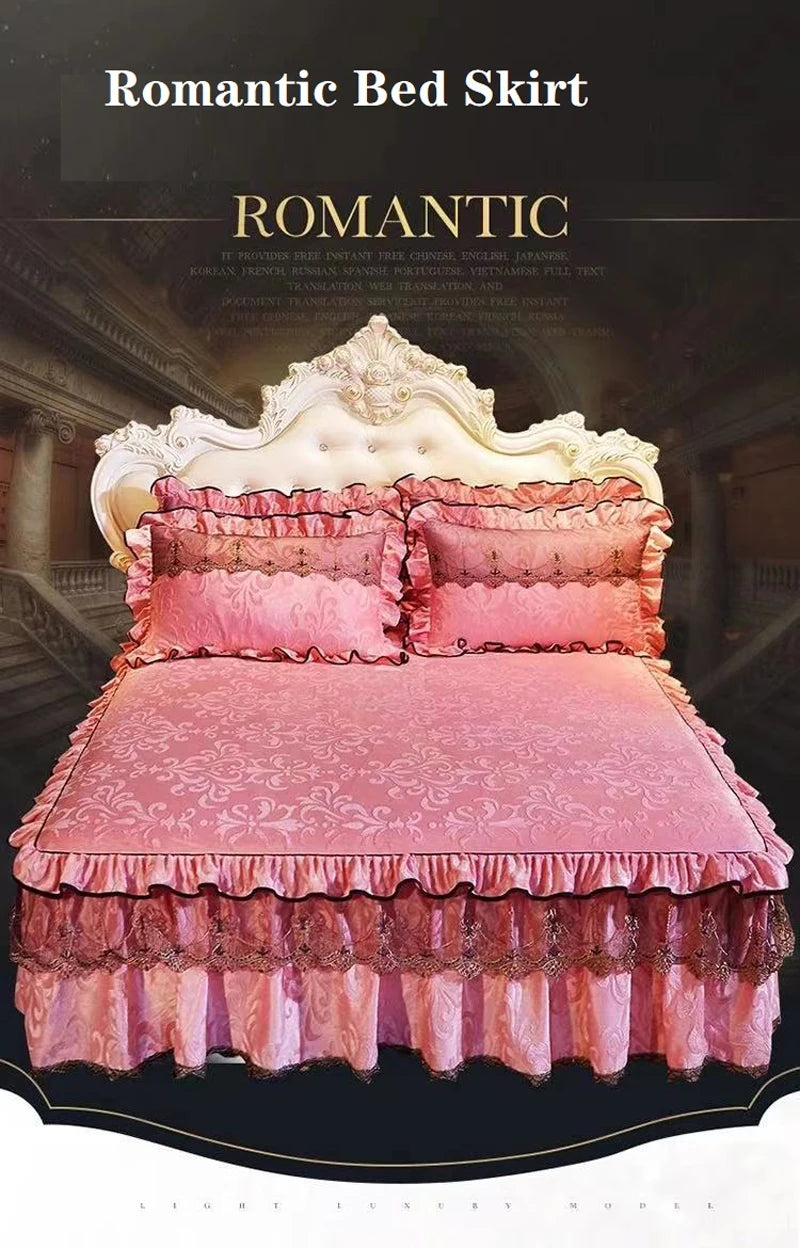 3pcs Set Good Quality Embossing Velvet Bed Skirt 1pc Romance Elegant Coral Fleece Bedspread Included 2pcs Pillowcase