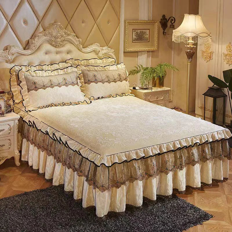 3pcs Set Good Quality Embossing Velvet Bed Skirt 1pc Romance Elegant Coral Fleece Bedspread Included 2pcs Pillowcase