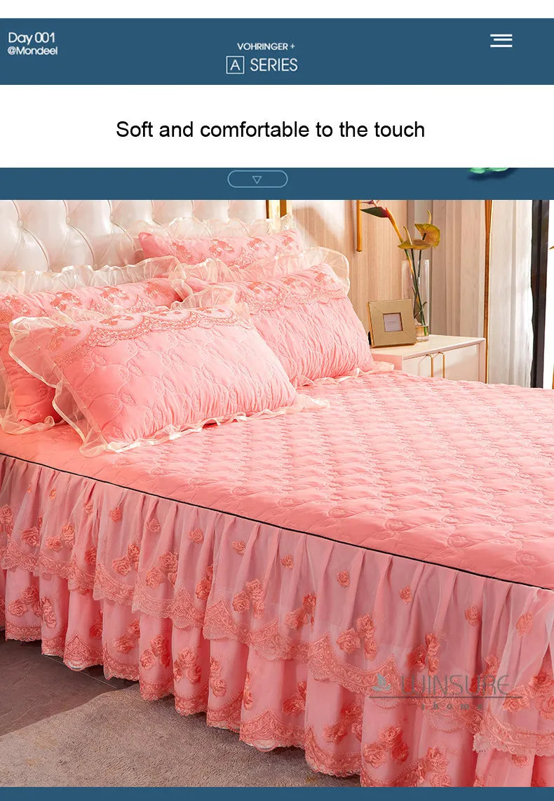 Korea Solid Brushed Bedspread Set Lace Quilted Queen King Size Ruffles Bedskirt Double Bed Cover with 2 Pillowcases