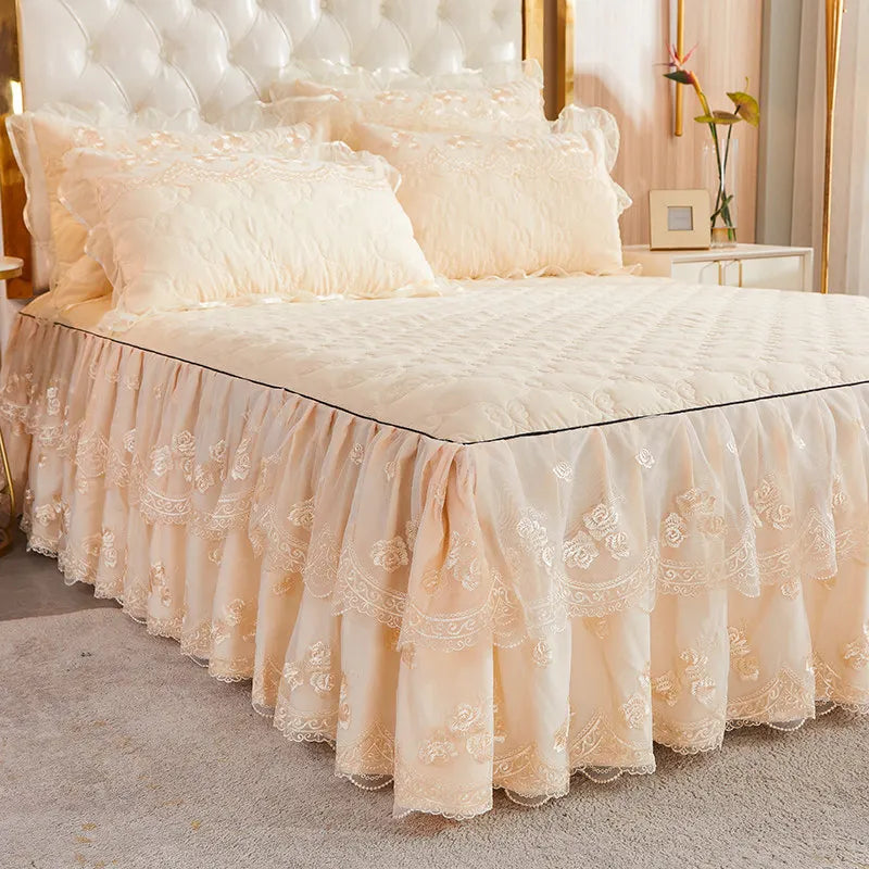 Korea Solid Brushed Bedspread Set Lace Quilted Queen King Size Ruffles Bedskirt Double Bed Cover with 2 Pillowcases