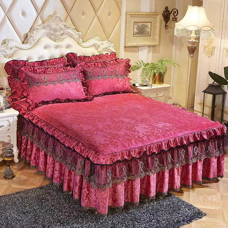3pcs Set Good Quality Embossing Velvet Bed Skirt 1pc Romance Elegant Coral Fleece Bedspread Included 2pcs Pillowcase