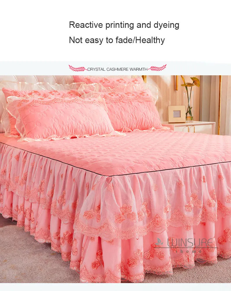 Korea Solid Brushed Bedspread Set Lace Quilted Queen King Size Ruffles Bedskirt Double Bed Cover with 2 Pillowcases