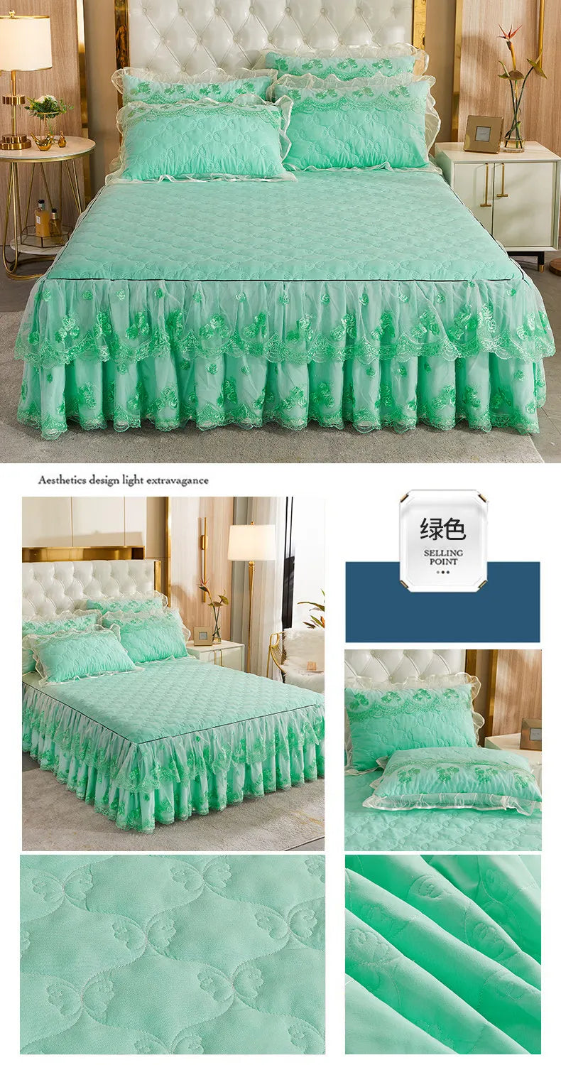 Korea Solid Brushed Bedspread Set Lace Quilted Queen King Size Ruffles Bedskirt Double Bed Cover with 2 Pillowcases