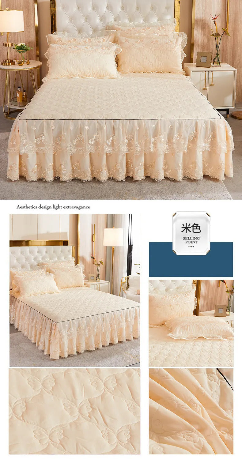 Korea Solid Brushed Bedspread Set Lace Quilted Queen King Size Ruffles Bedskirt Double Bed Cover with 2 Pillowcases