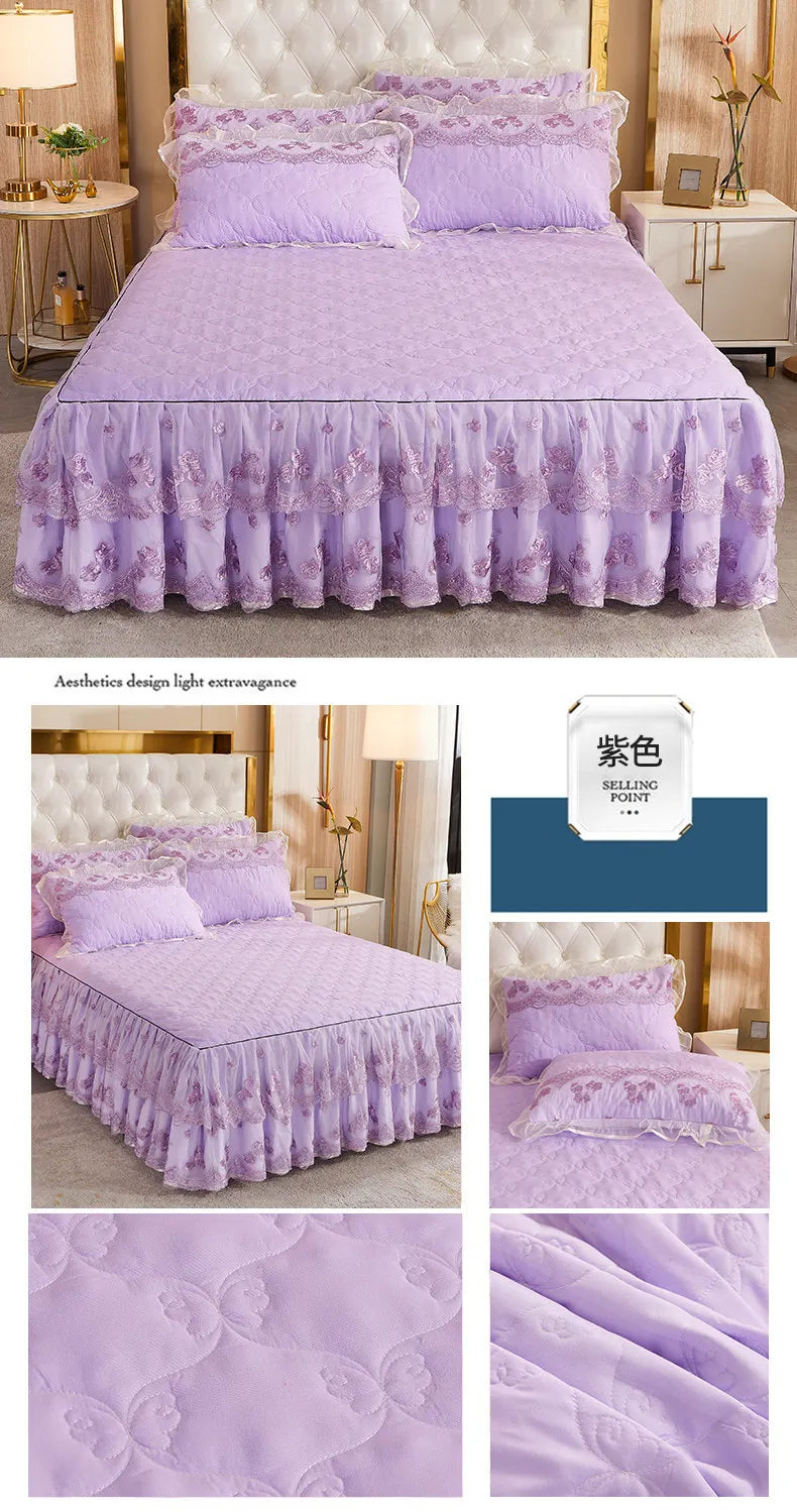 Korea Solid Brushed Bedspread Set Lace Quilted Queen King Size Ruffles Bedskirt Double Bed Cover with 2 Pillowcases