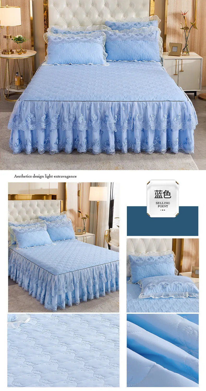 Korea Solid Brushed Bedspread Set Lace Quilted Queen King Size Ruffles Bedskirt Double Bed Cover with 2 Pillowcases