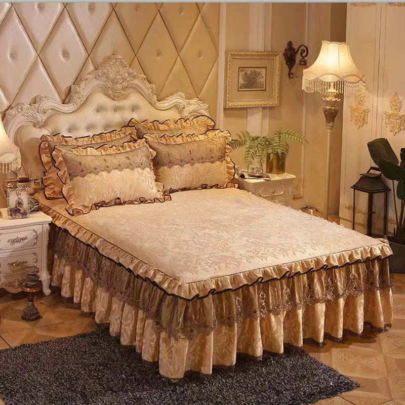 3pcs Set Good Quality Embossing Velvet Bed Skirt 1pc Romance Elegant Coral Fleece Bedspread Included 2pcs Pillowcase