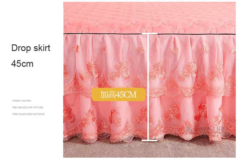 Korea Solid Brushed Bedspread Set Lace Quilted Queen King Size Ruffles Bedskirt Double Bed Cover with 2 Pillowcases
