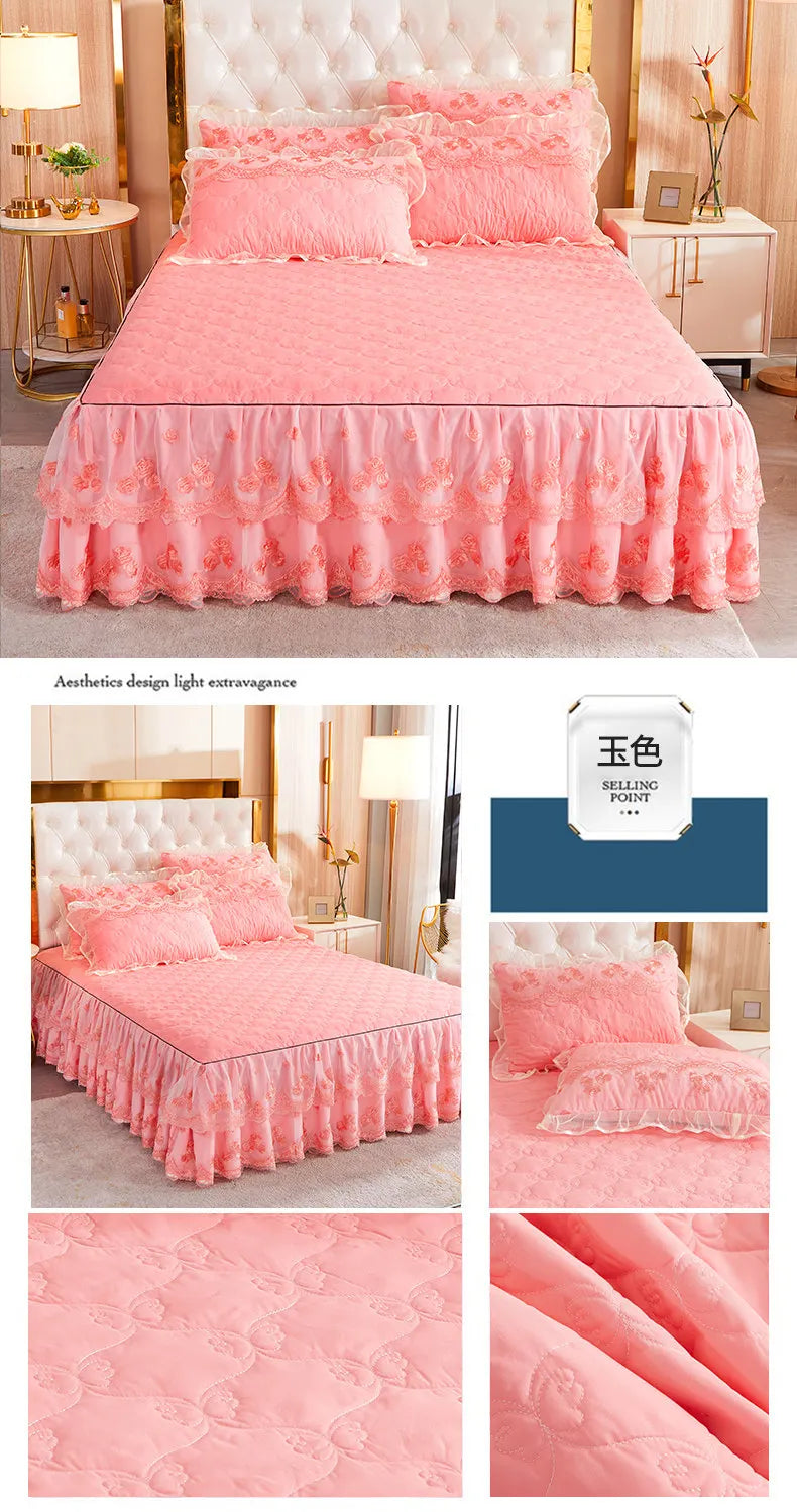Korea Solid Brushed Bedspread Set Lace Quilted Queen King Size Ruffles Bedskirt Double Bed Cover with 2 Pillowcases