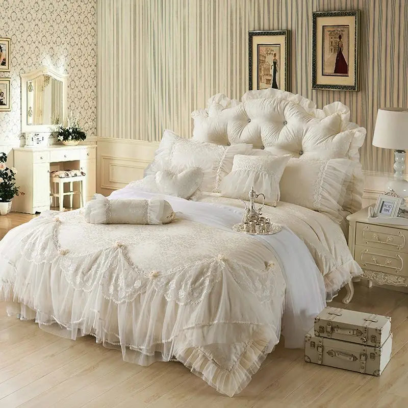 Removable Lace Princess Bedding Set Luxury Red Jacquard Satin Cotton Duvet Cover Bed Skirt Pillowcase Solid Color Bed Sets