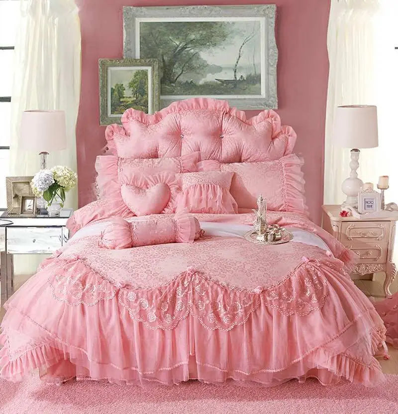 Removable Lace Princess Bedding Set Luxury Red Jacquard Satin Cotton Duvet Cover Bed Skirt Pillowcase Solid Color Bed Sets