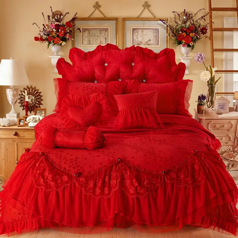 Removable Lace Princess Bedding Set Luxury Red Jacquard Satin Cotton Duvet Cover Bed Skirt Pillowcase Solid Color Bed Sets
