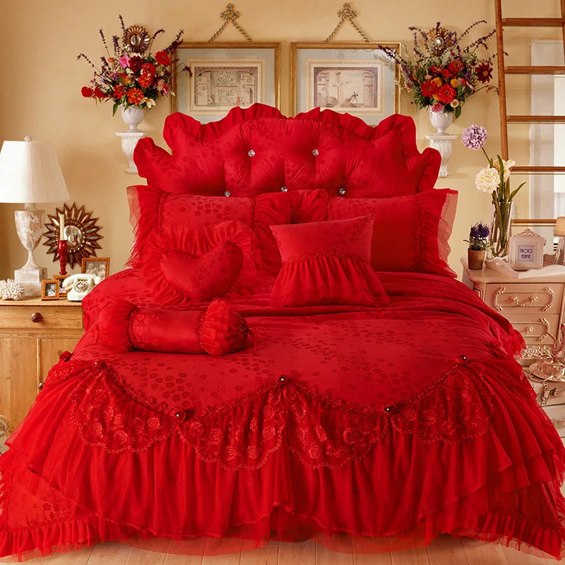 Removable Lace Princess Bedding Set Luxury Red Jacquard Satin Cotton Duvet Cover Bed Skirt Pillowcase Solid Color Bed Sets