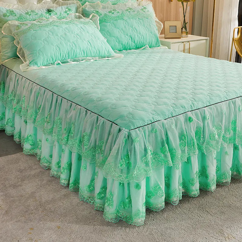 Korea Solid Brushed Bedspread Set Lace Quilted Queen King Size Ruffles Bedskirt Double Bed Cover with 2 Pillowcases