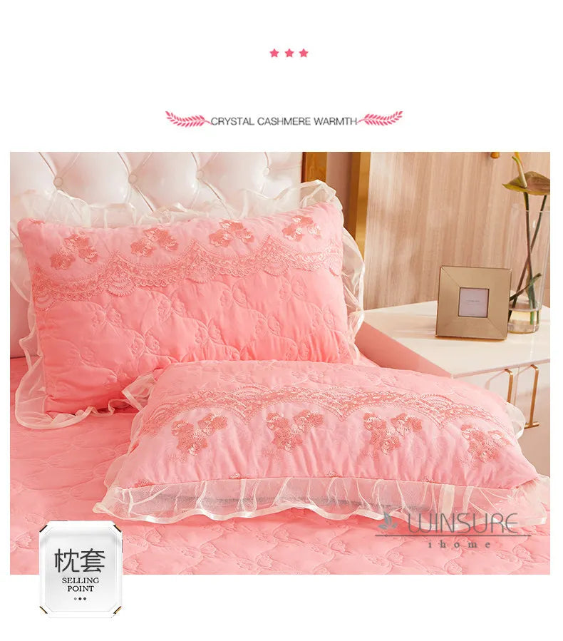 Korea Solid Brushed Bedspread Set Lace Quilted Queen King Size Ruffles Bedskirt Double Bed Cover with 2 Pillowcases