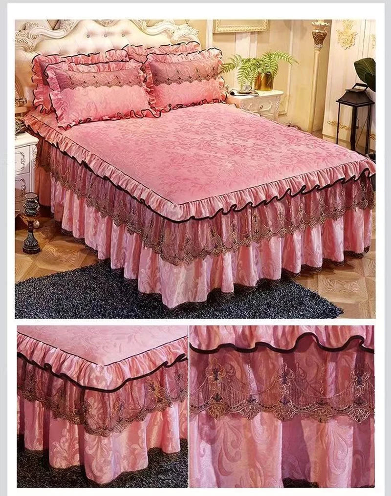 3pcs Set Good Quality Embossing Velvet Bed Skirt 1pc Romance Elegant Coral Fleece Bedspread Included 2pcs Pillowcase