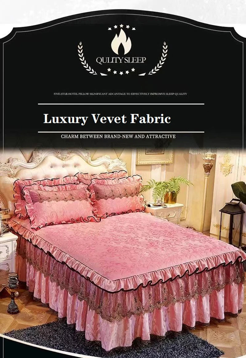 3pcs Set Good Quality Embossing Velvet Bed Skirt 1pc Romance Elegant Coral Fleece Bedspread Included 2pcs Pillowcase