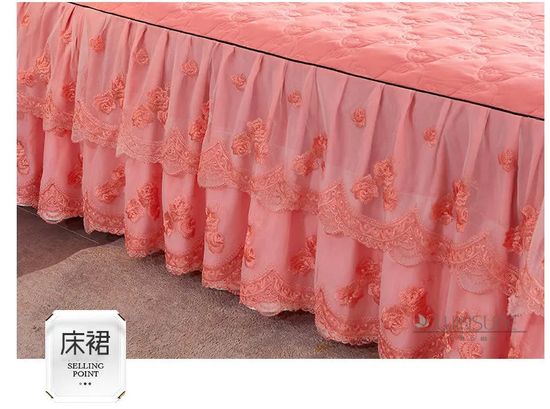 Korea Solid Brushed Bedspread Set Lace Quilted Queen King Size Ruffles Bedskirt Double Bed Cover with 2 Pillowcases