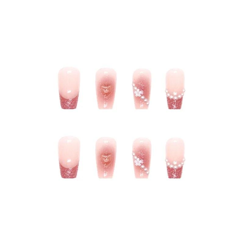 24Pcs Blusher Halo Dyeing Love French Press on Nails Reusable False Nail Removable Fake Nails Short Round Coffin Nail with Glue