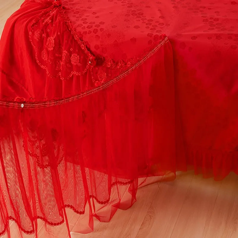 Removable Lace Princess Bedding Set Luxury Red Jacquard Satin Cotton Duvet Cover Bed Skirt Pillowcase Solid Color Bed Sets
