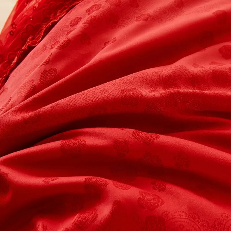 Removable Lace Princess Bedding Set Luxury Red Jacquard Satin Cotton Duvet Cover Bed Skirt Pillowcase Solid Color Bed Sets