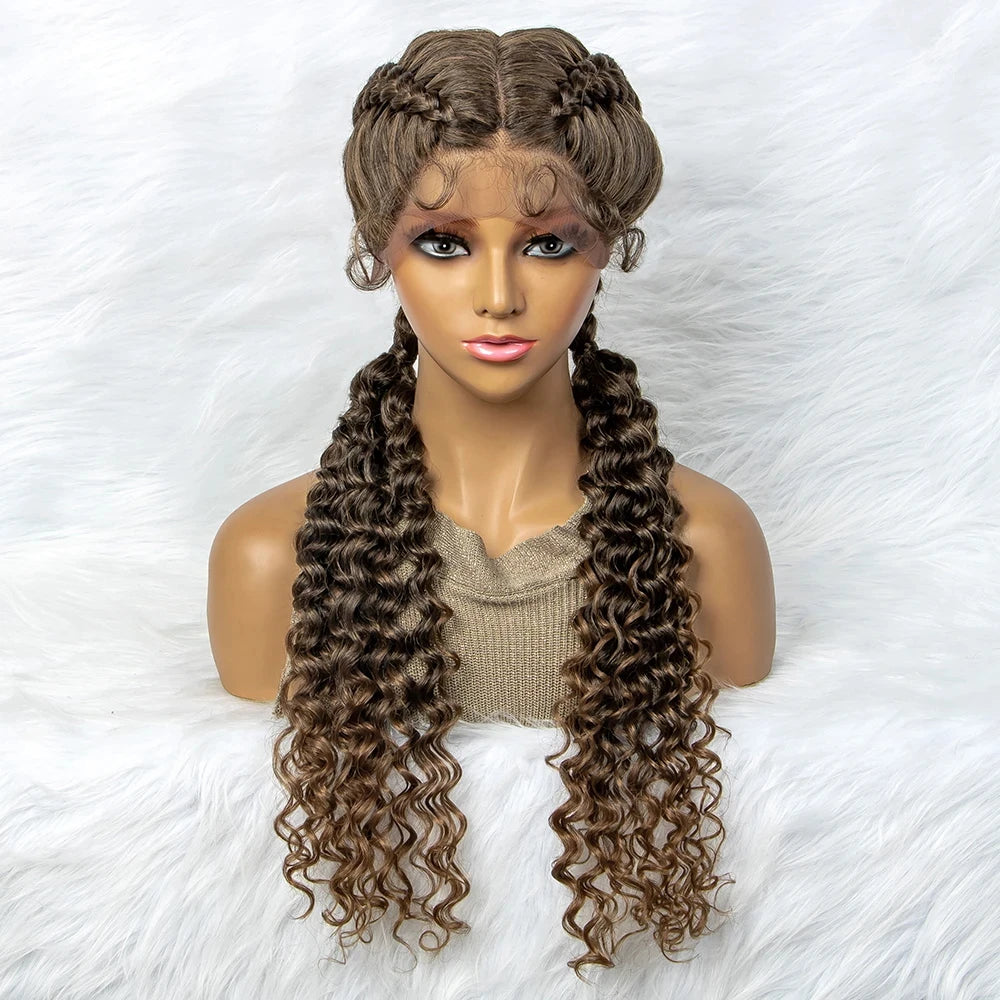 Braided Wigs Synthetic Lace Front Hair Wig Curly Water Wave Wig For African Woman Afro Frontal Cornrow Twist Boxing Braided Wigs