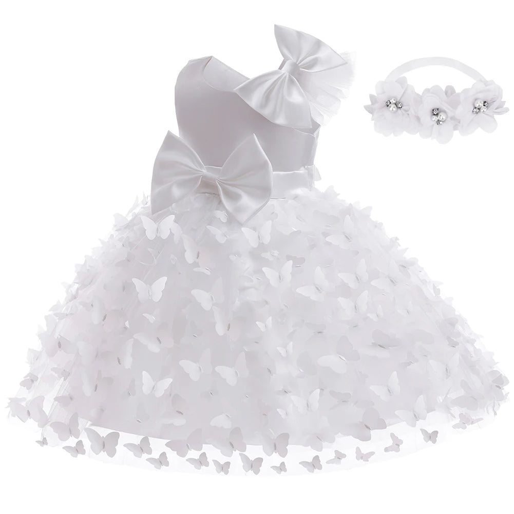 Baby Girls Baptism Dress Children's Cotton Mesh Princess Dress Kid Flying Sleeve Christening Vestidos Butterfly Tutu Clothes