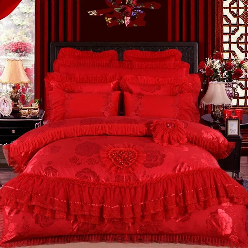 Red Jacquard Satin Bedding Sets Luxury Royal Princess Wedding Heart-shaped Lace Duvet Cover Flat Sheet Bedspread Pillowcases
