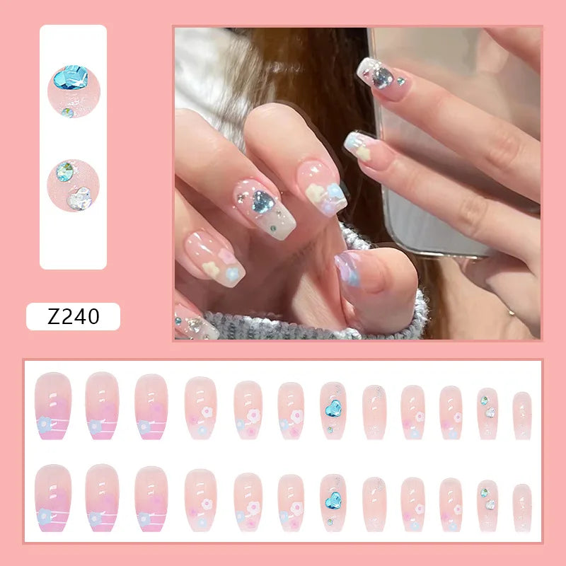 24Pcs Blusher Halo Dyeing Love French Press on Nails Reusable False Nail Removable Fake Nails Short Round Coffin Nail with Glue