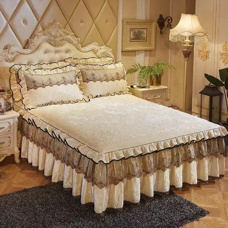 3pcs Set Good Quality Embossing Velvet Bed Skirt 1pc Romance Elegant Coral Fleece Bedspread Included 2pcs Pillowcase