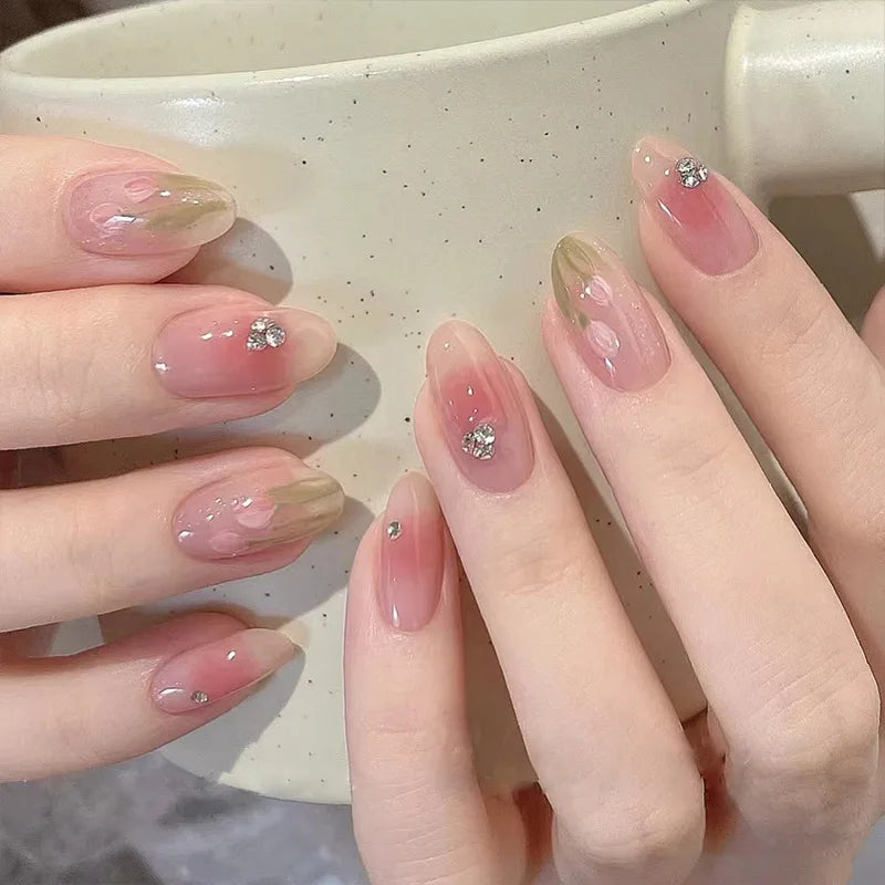 24Pcs Blusher Halo Dyeing Love French Press on Nails Reusable False Nail Removable Fake Nails Short Round Coffin Nail with Glue