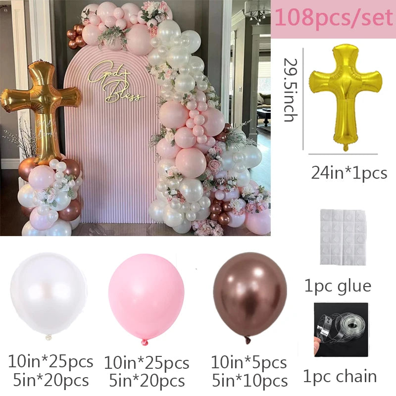 Baptism Pink White Balloon Garland Mon Baptême Christening Cross Balloons for Baby First Communion Baby Shower Party Backdrop