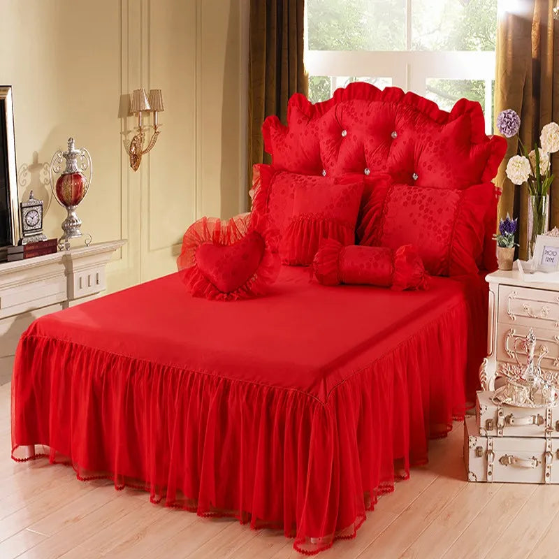 Removable Lace Princess Bedding Set Luxury Red Jacquard Satin Cotton Duvet Cover Bed Skirt Pillowcase Solid Color Bed Sets