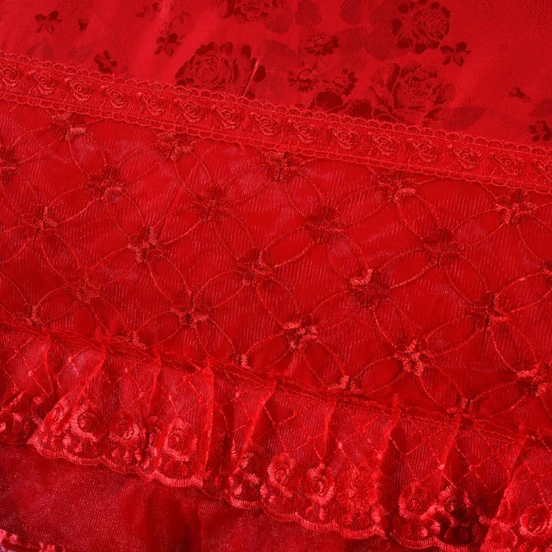 Red Jacquard Satin Bedding Sets Luxury Royal Princess Wedding Heart-shaped Lace Duvet Cover Flat Sheet Bedspread Pillowcases