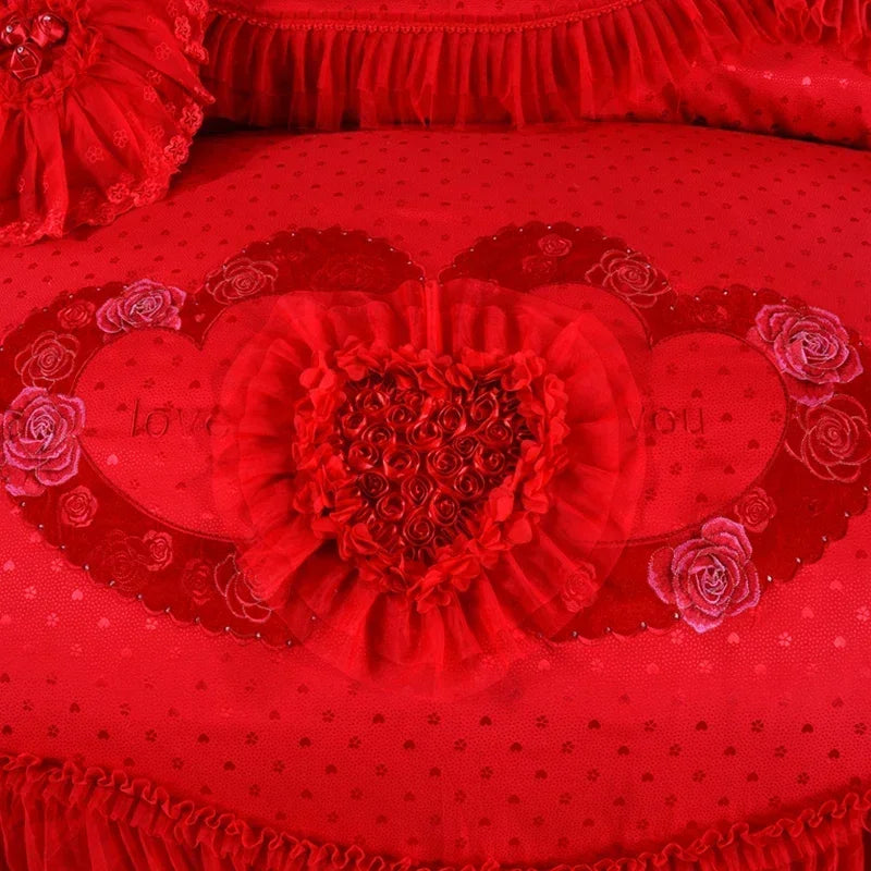 Red Jacquard Satin Bedding Sets Luxury Royal Princess Wedding Heart-shaped Lace Duvet Cover Flat Sheet Bedspread Pillowcases