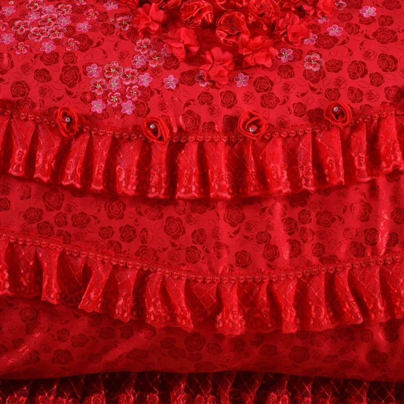 Red Jacquard Satin Bedding Sets Luxury Royal Princess Wedding Heart-shaped Lace Duvet Cover Flat Sheet Bedspread Pillowcases